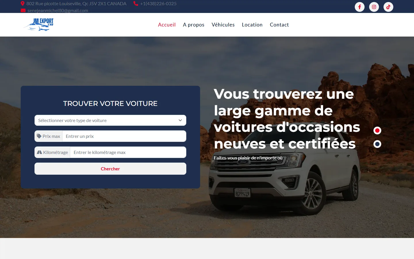 Page d'accueil du site JM Export Car : recherche de véhicule et SUV blanc