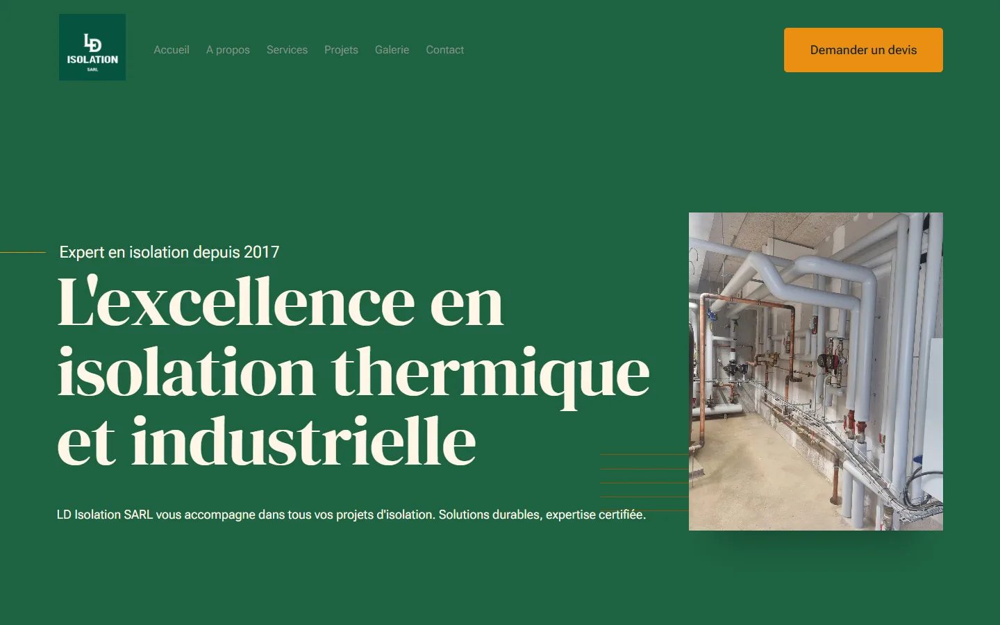 Page d'accueil du site LD Isolation : titre « L'excellence en isolation thermique et industrielle » et photo de canalisations isolées